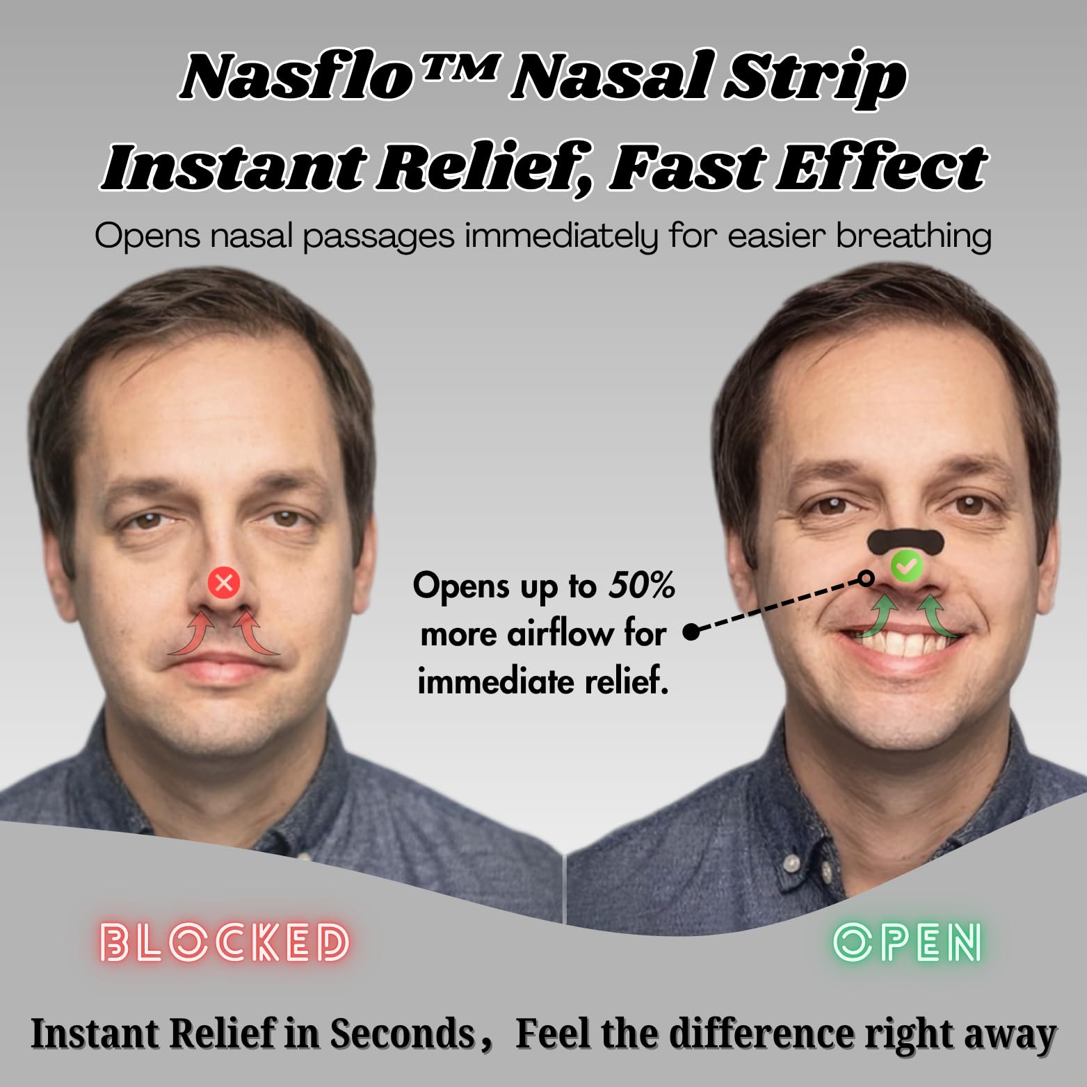 Nasflo nasal strips suggesting snoring relief in a sleep setting.