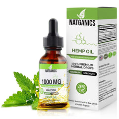 Natganics Organic Hemp Oil 1000mg bottle front, easy daily wellness support.