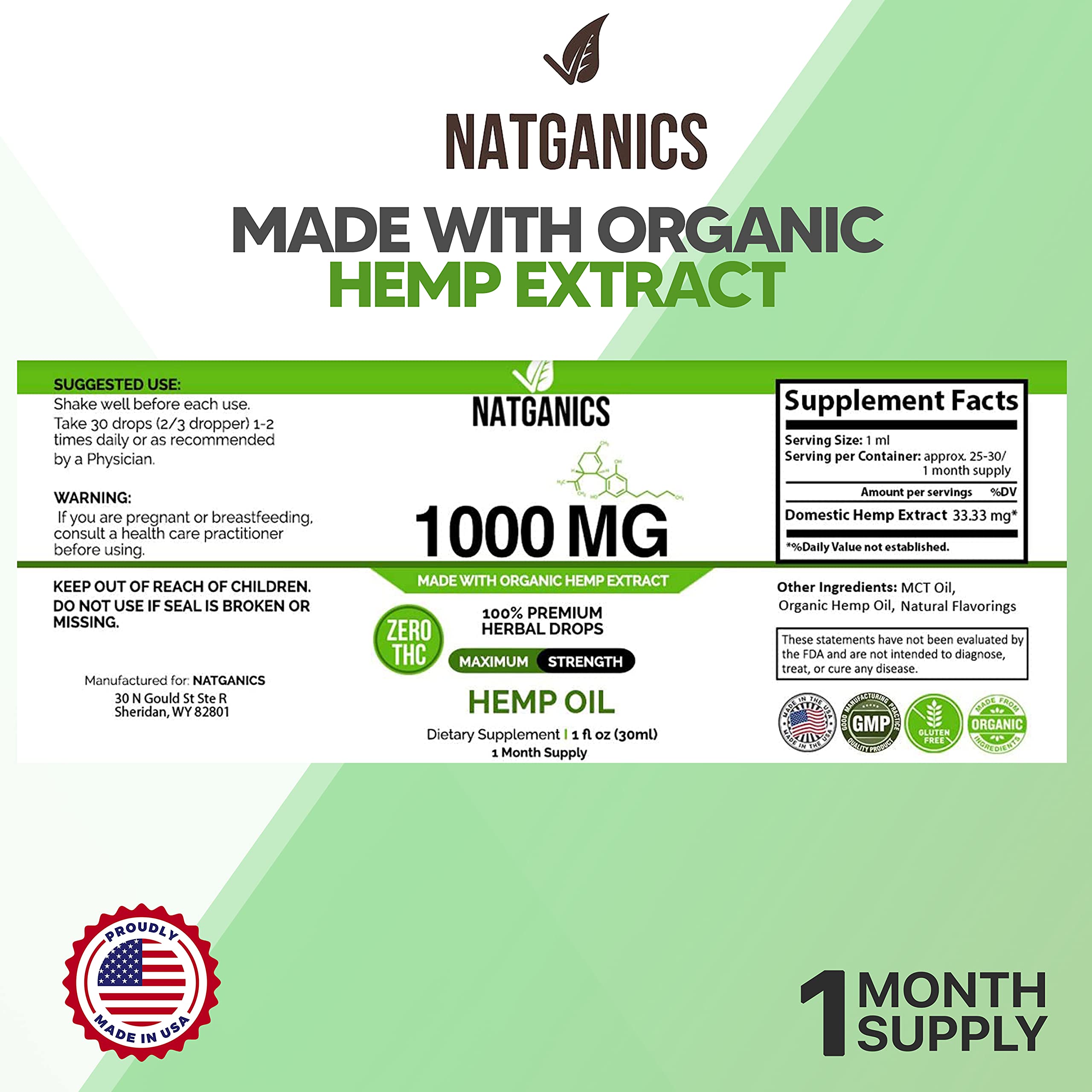 Natganics Organic Hemp Oil 1000mg bottle label, clear potency at a glance.