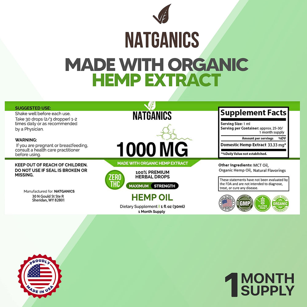 Natganics Organic Hemp Oil 1000mg bottle label, clear potency at a glance.