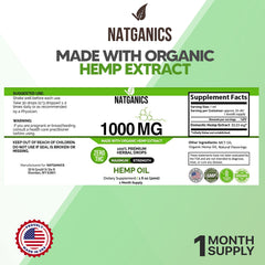 Natganics Organic Hemp Oil 1000mg bottle label, clear potency at a glance.
