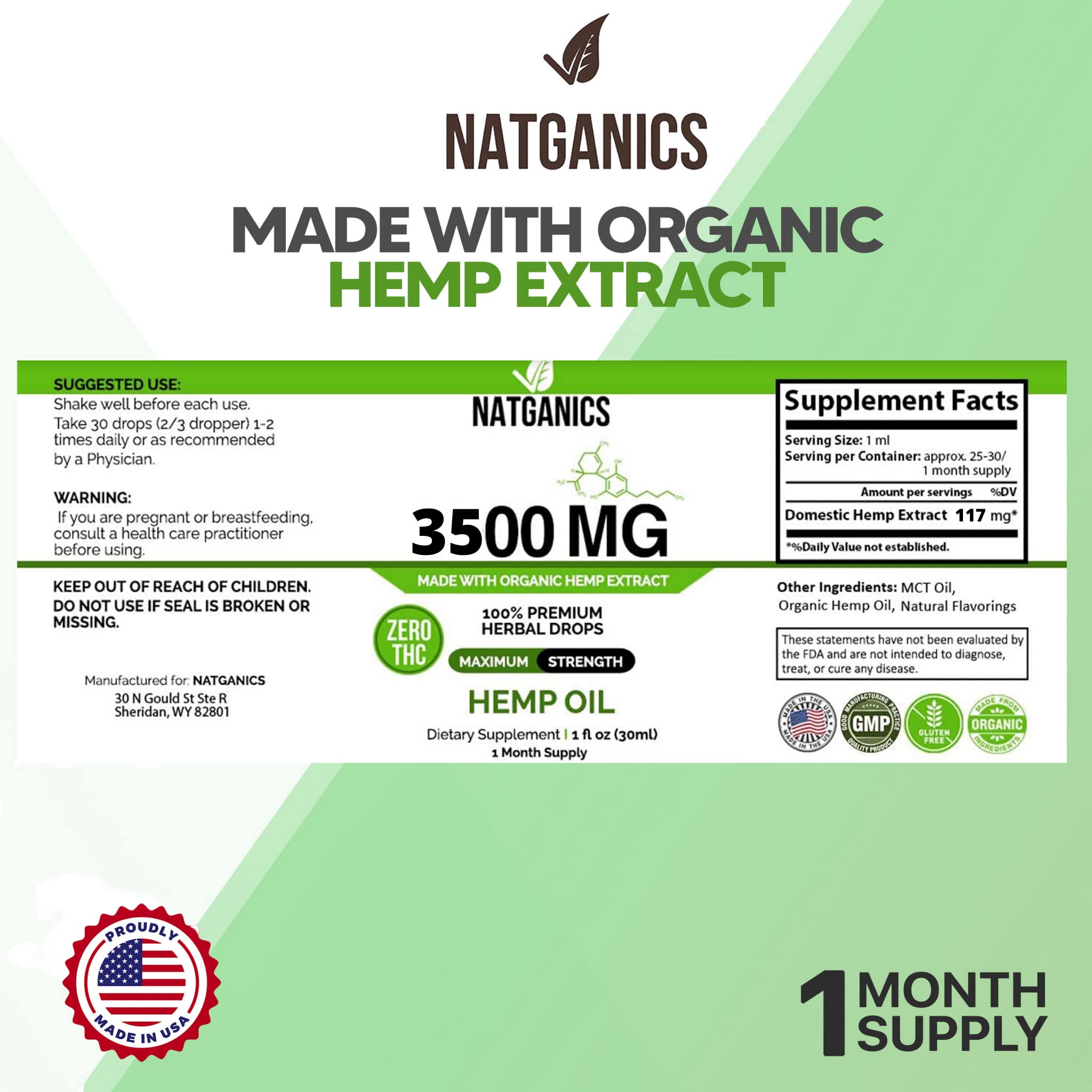 Natganics Organic Hemp Oil 3500mg cap close-up, mint flavor and clean formulation.