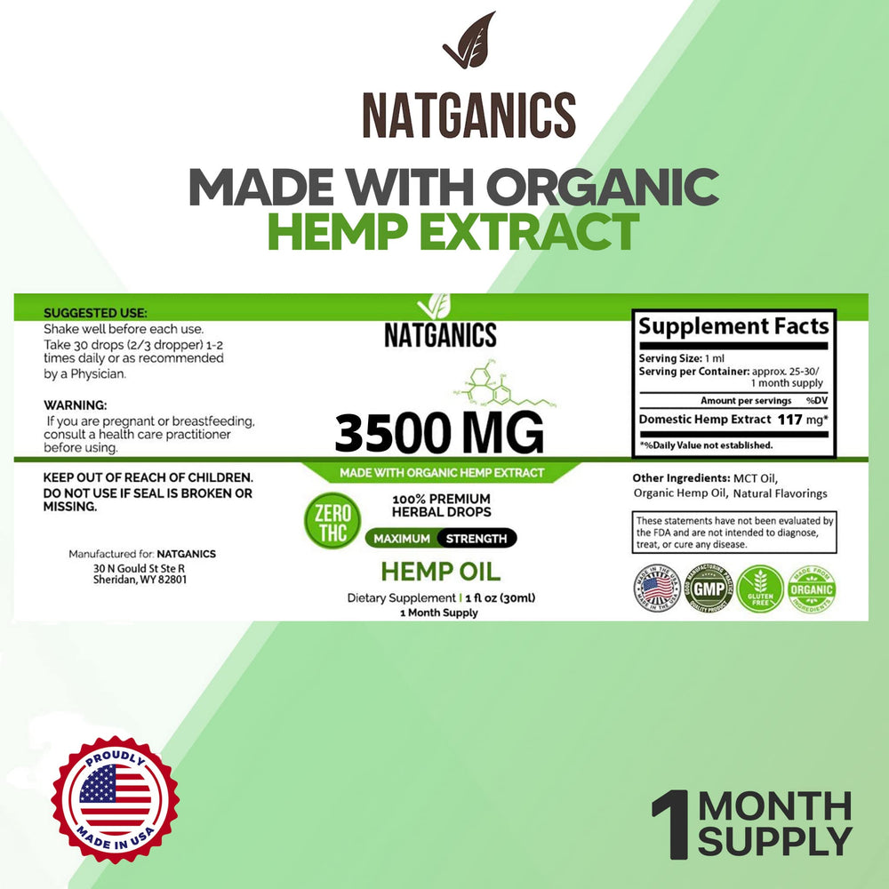Natganics Organic Hemp Oil 3500mg cap close-up, mint flavor and clean formulation.