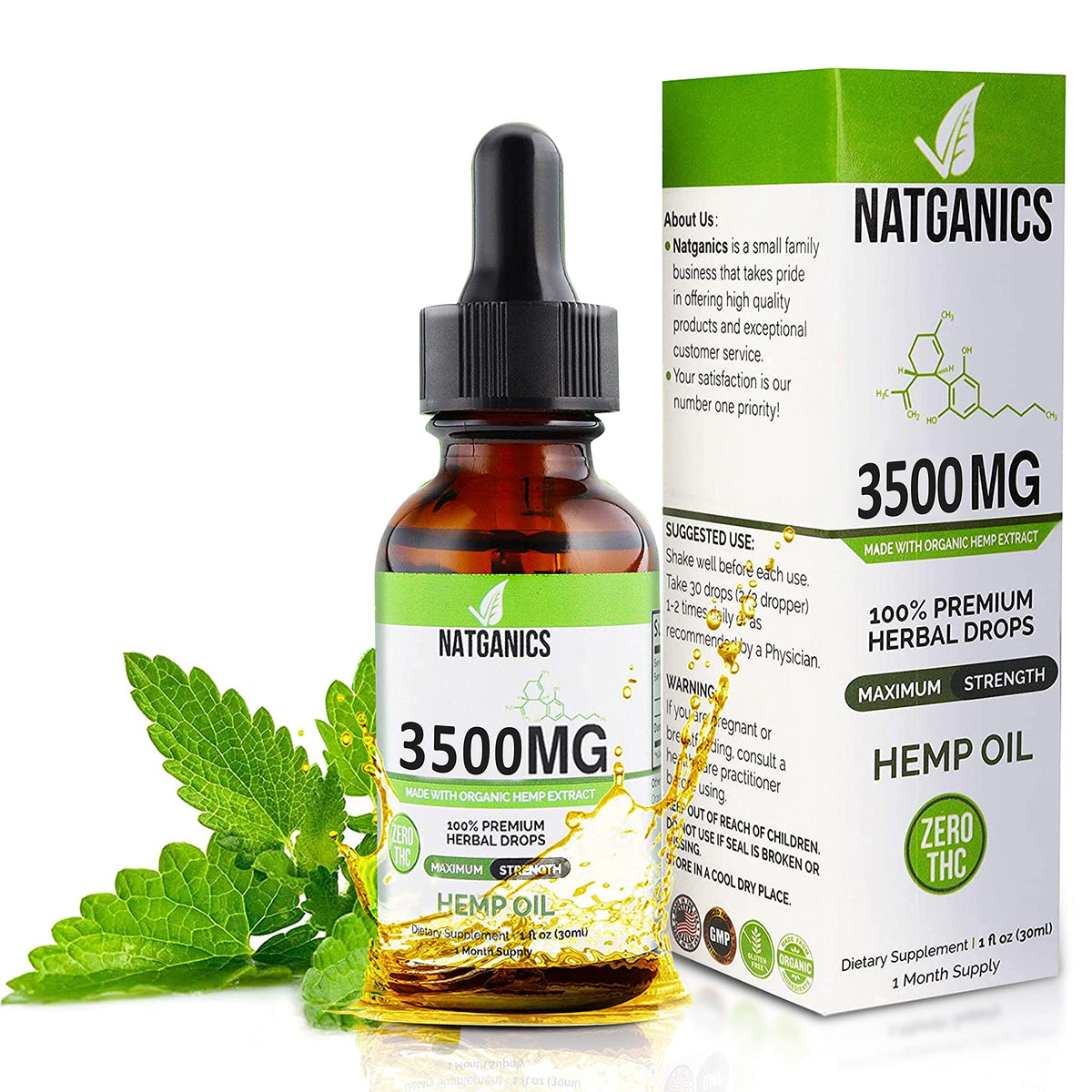 Natganics Organic Hemp Oil 3500mg bottle front, high potency tincture for daily wellness.