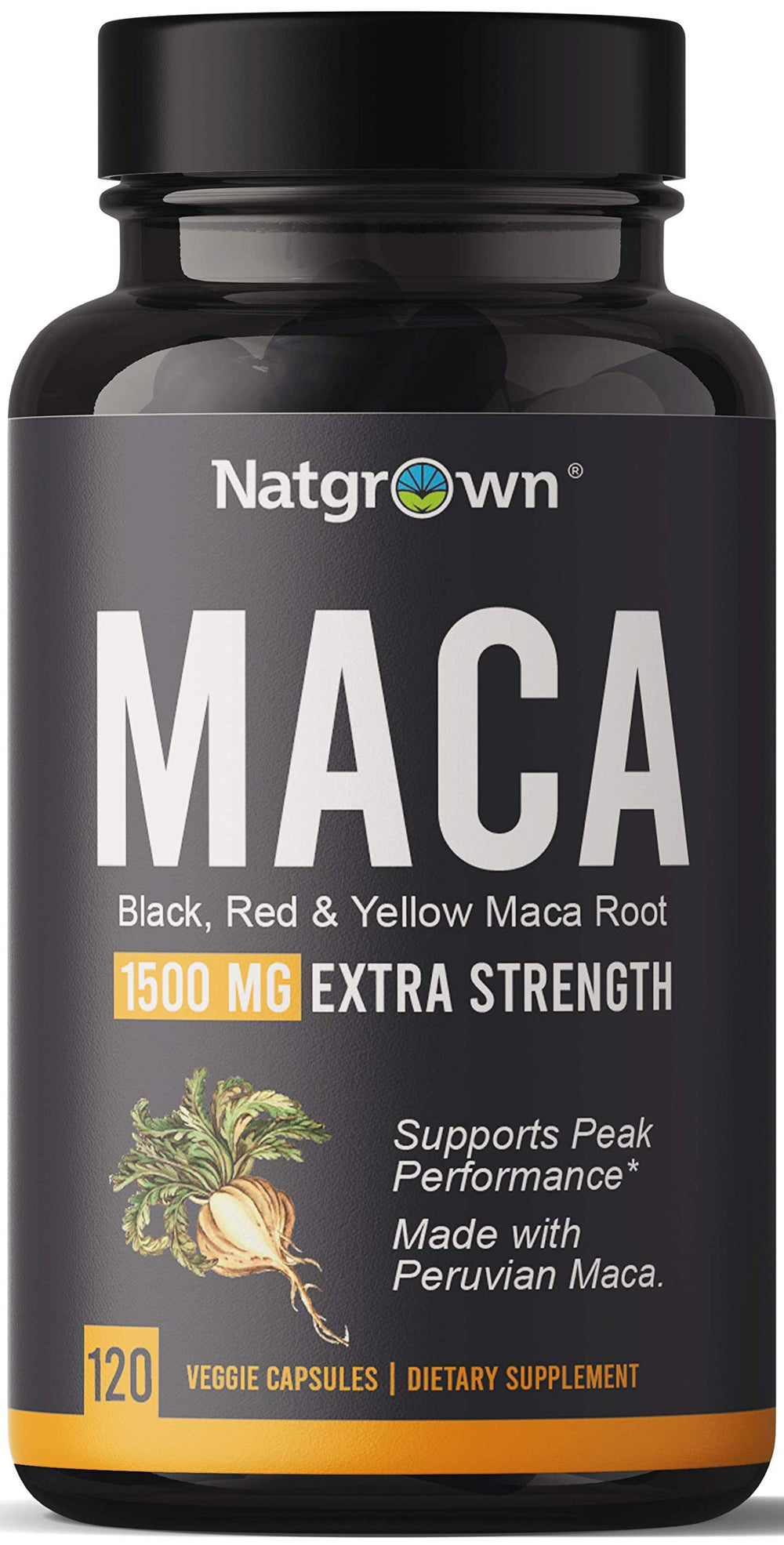 Natgrown Maca capsules in a bottle for convenient daily energy support.