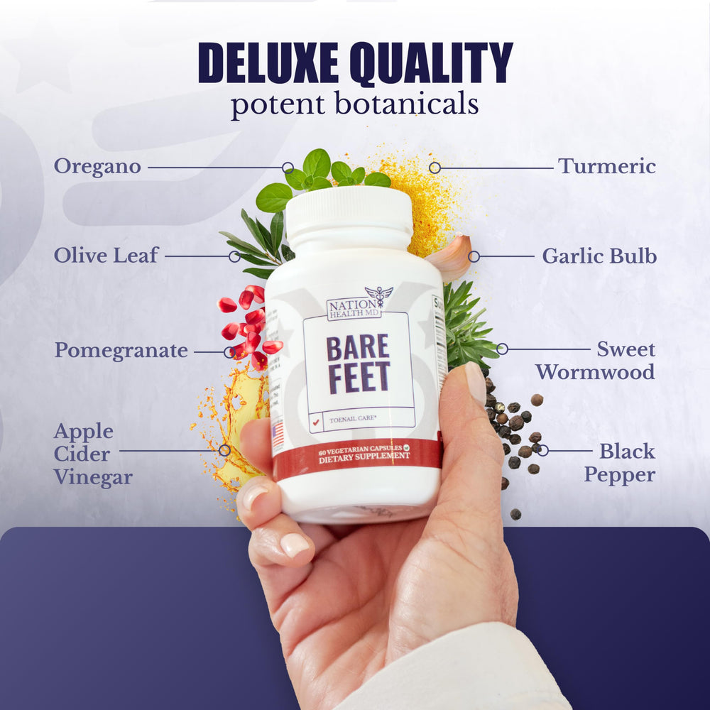 Nation Health MD Bare Feet ingredients close-up featuring oregano and olive leaf