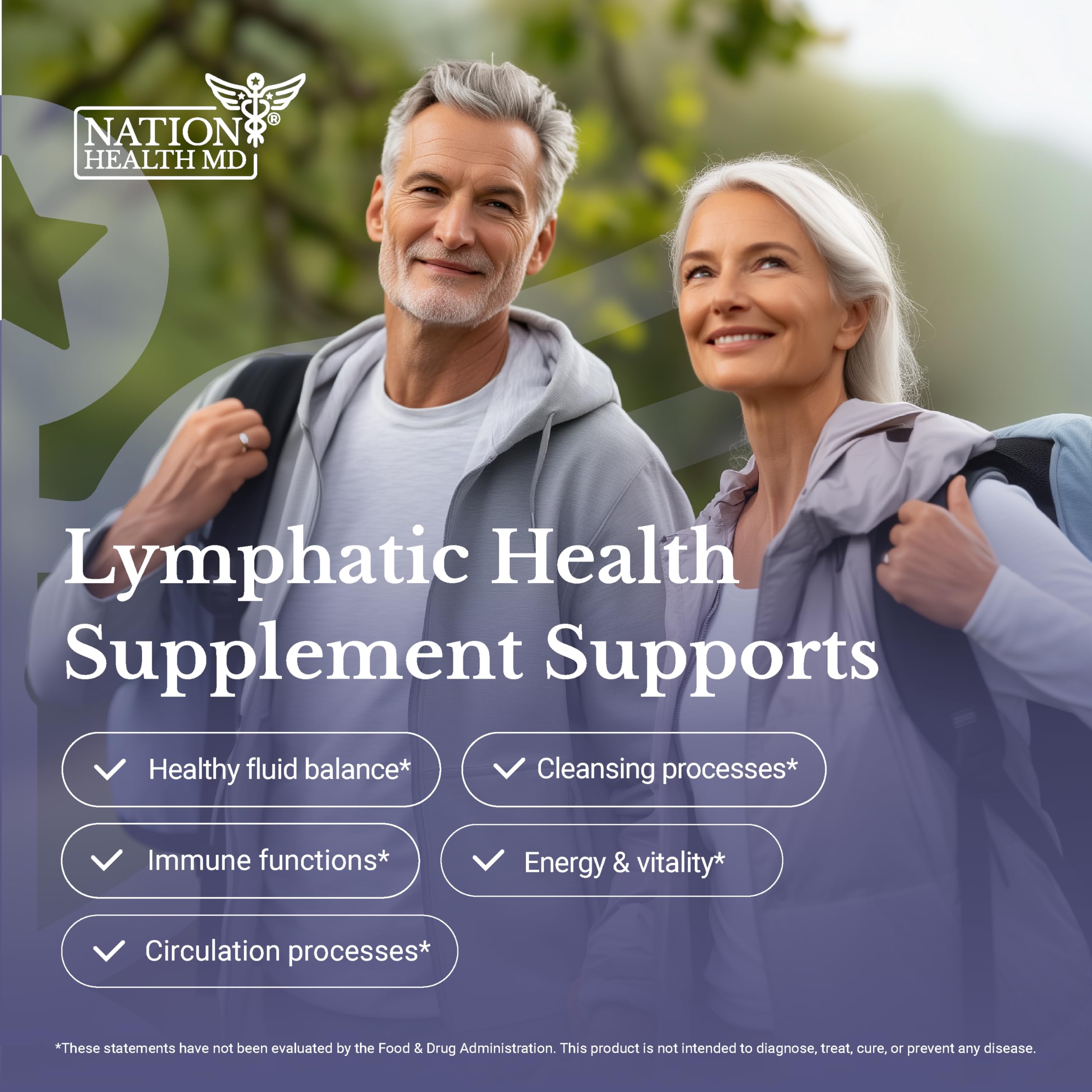 Nation Health MD Lymph MD bottle beside glass of water.