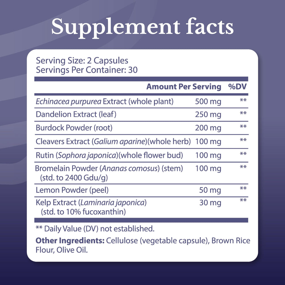 Nation Health MD Lymph MD capsules close-up showing plant-based formula.