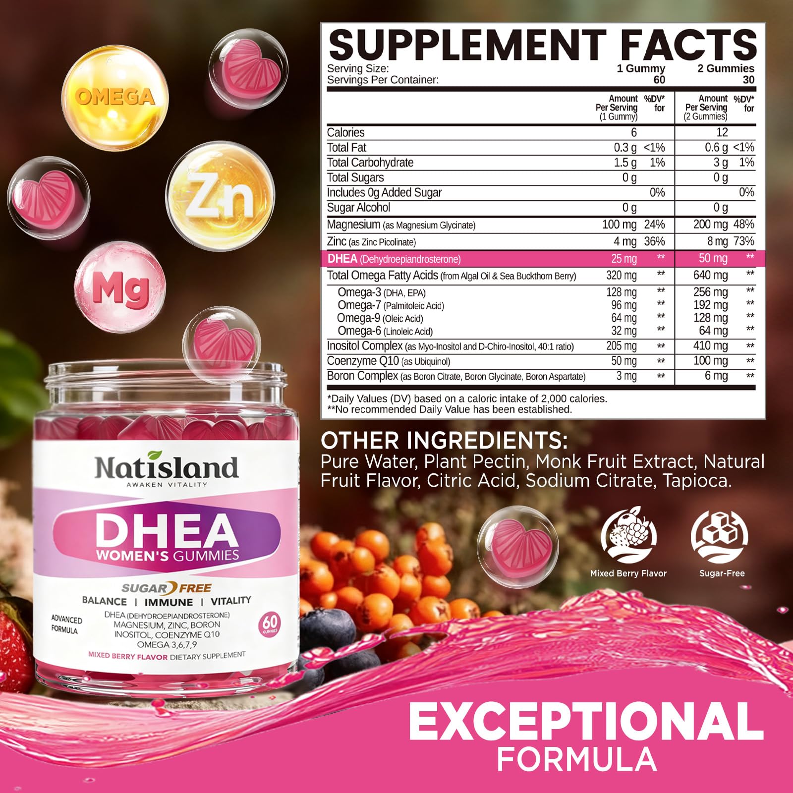 NATISLAND DHEA 25mg gummies pack designed for younger adults' easy daily use.
