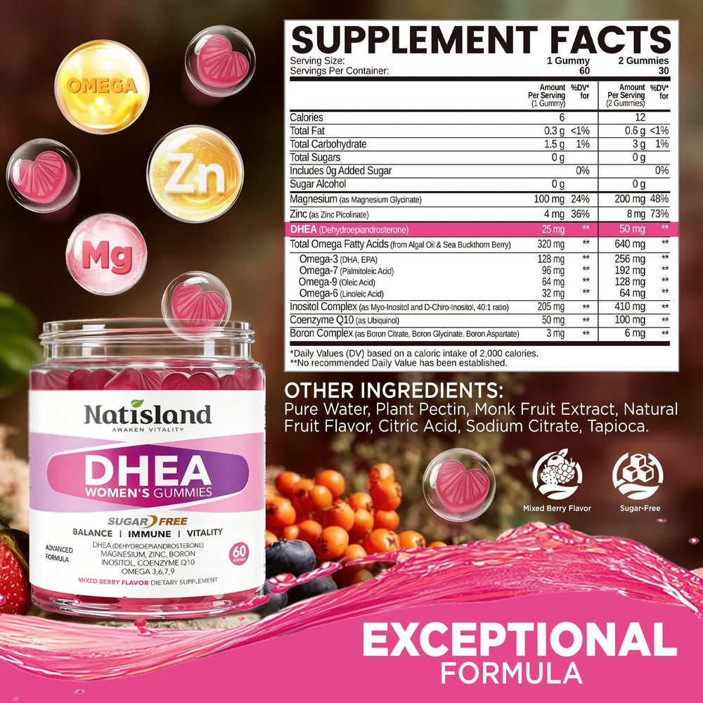 NATISLAND DHEA 25mg gummies pack designed for younger adults' easy daily use.
