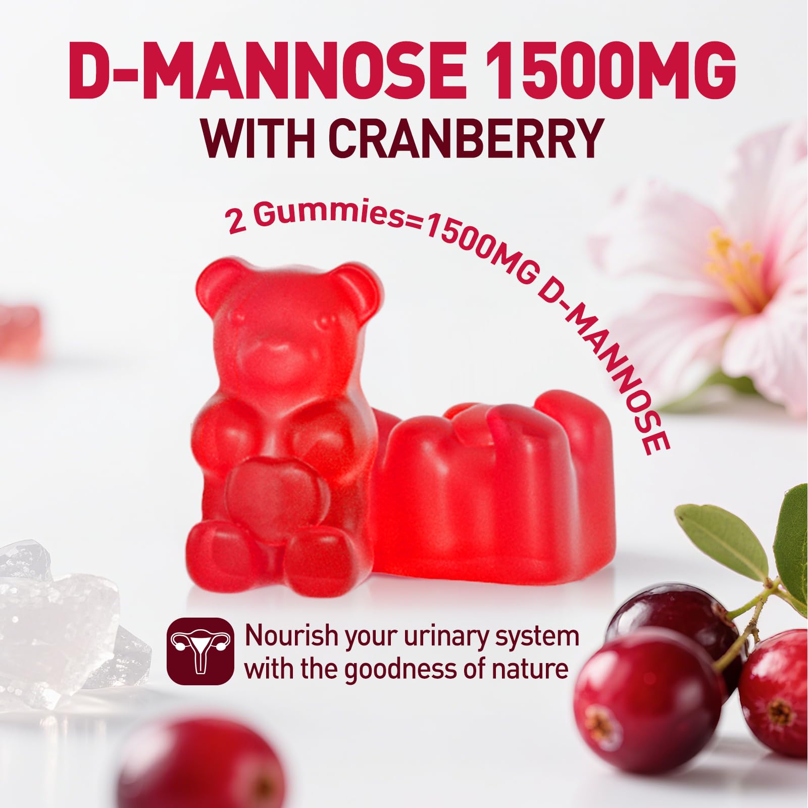 NATISLAND D Mannose gummies with hibiscus hint highlighting plant-based ingredients
