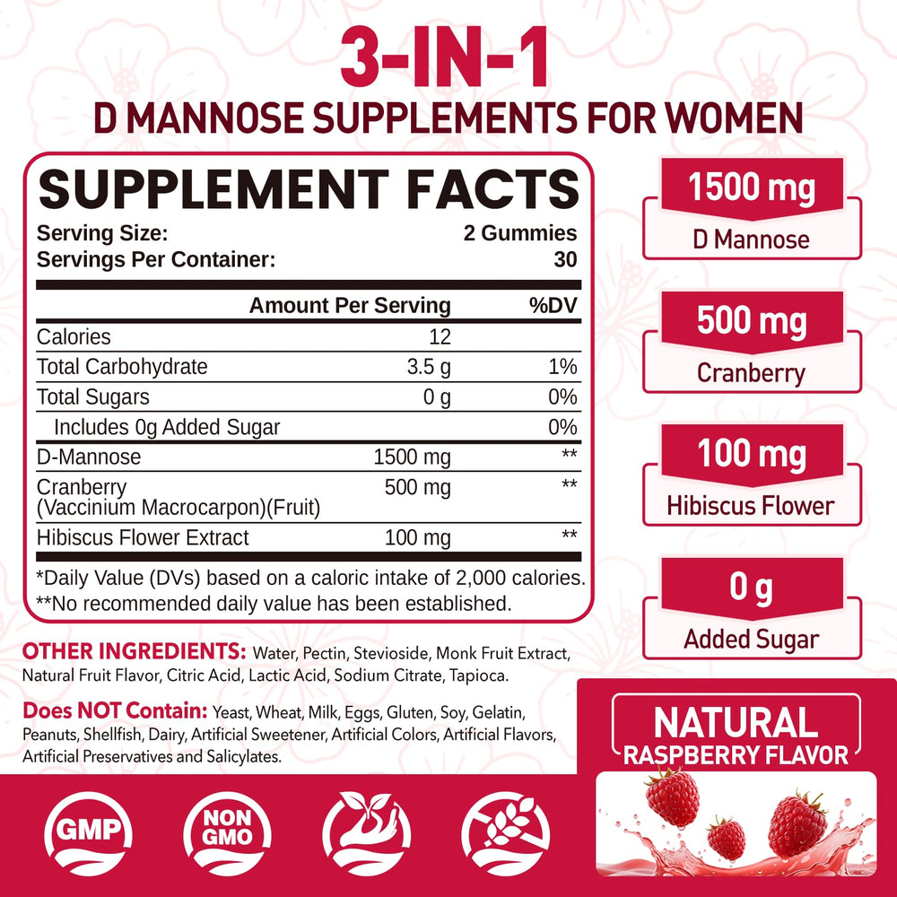 Close-up of NATISLAND D Mannose gummies with raspberry flavor for a tasty daily option