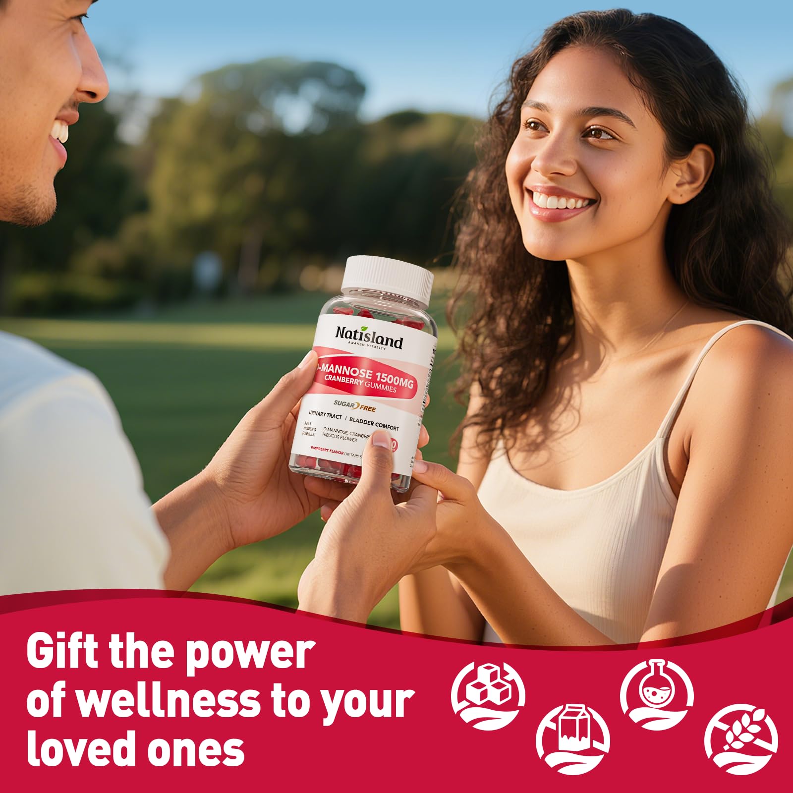 NATISLAND gummies with cranberry and hibiscus shown as a convenient routine