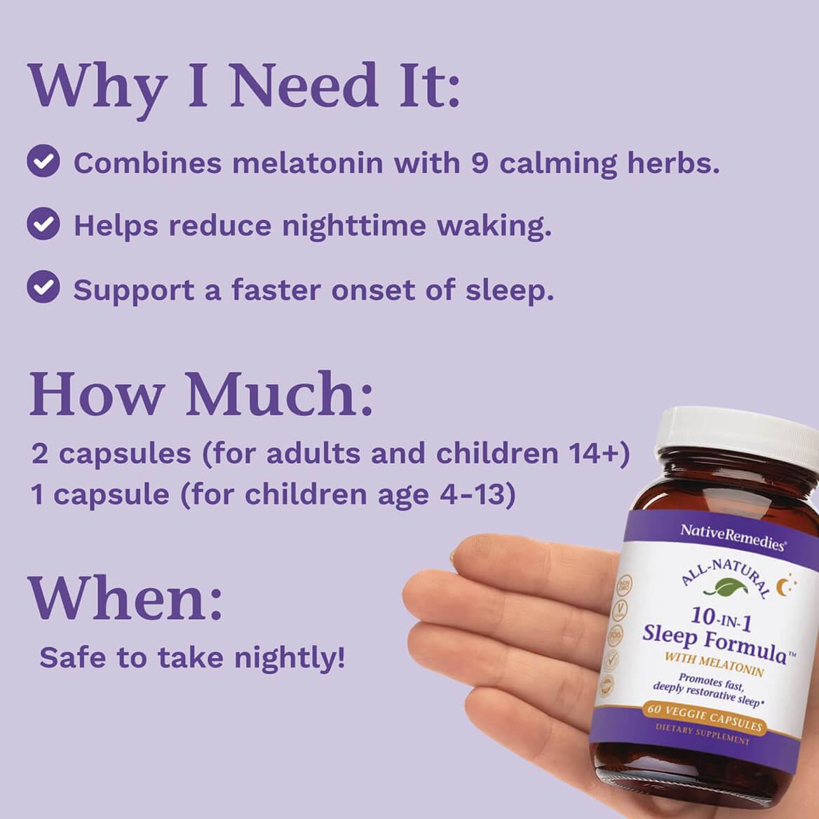 Native Remedies ingredients list highlights magnesium and L-tryptophan for balance.