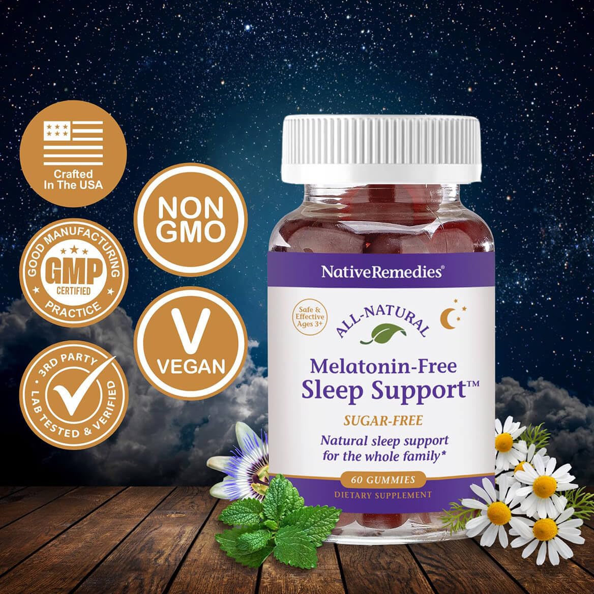 Native Remedies Melatonin-Free Sleep Gummies bottle front with strawberry flavor.