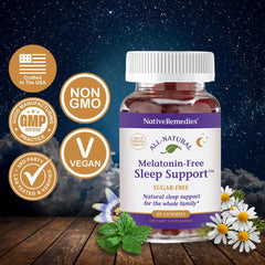 Native Remedies Melatonin-Free Sleep Gummies bottle front with strawberry flavor.