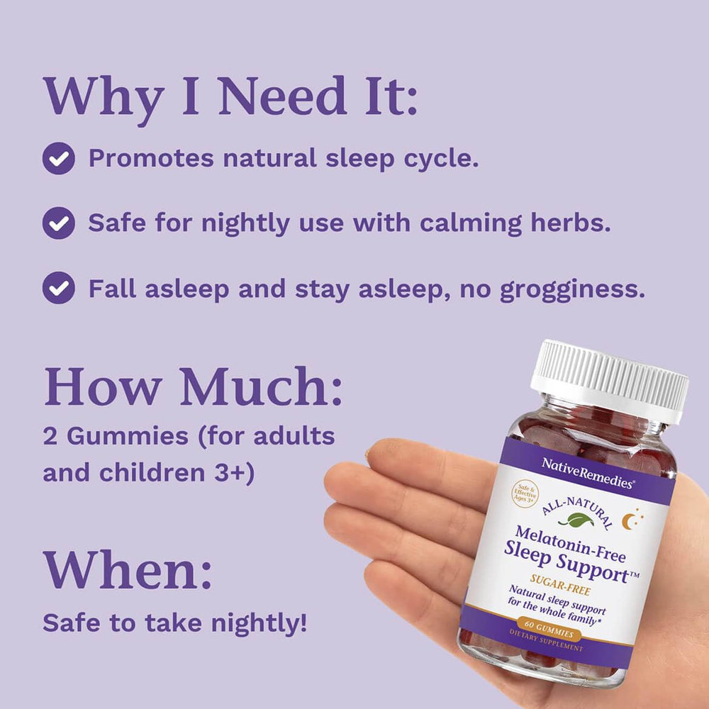 Native Remedies Melatonin-Free Sleep Gummies ingredients panel highlighting valerian and chamomile.