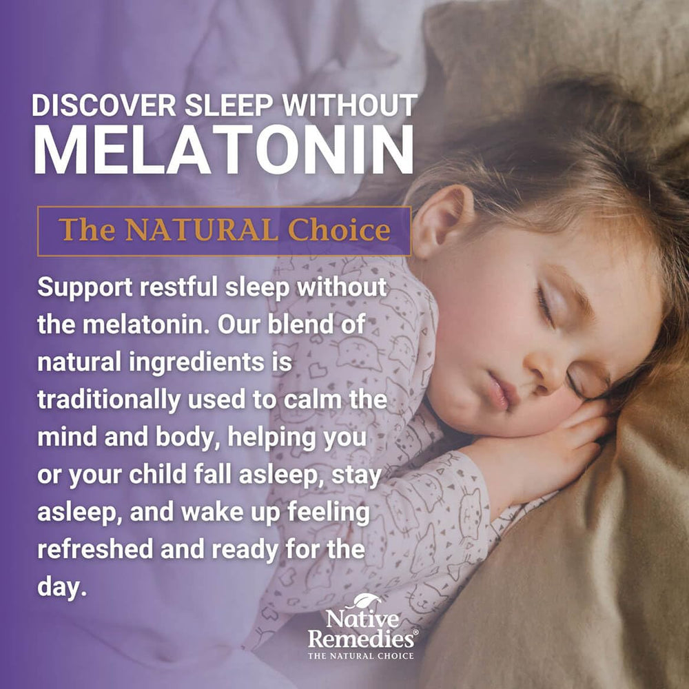 Native Remedies Melatonin-Free Sleep Gummies bottle beside glass of water for night use.