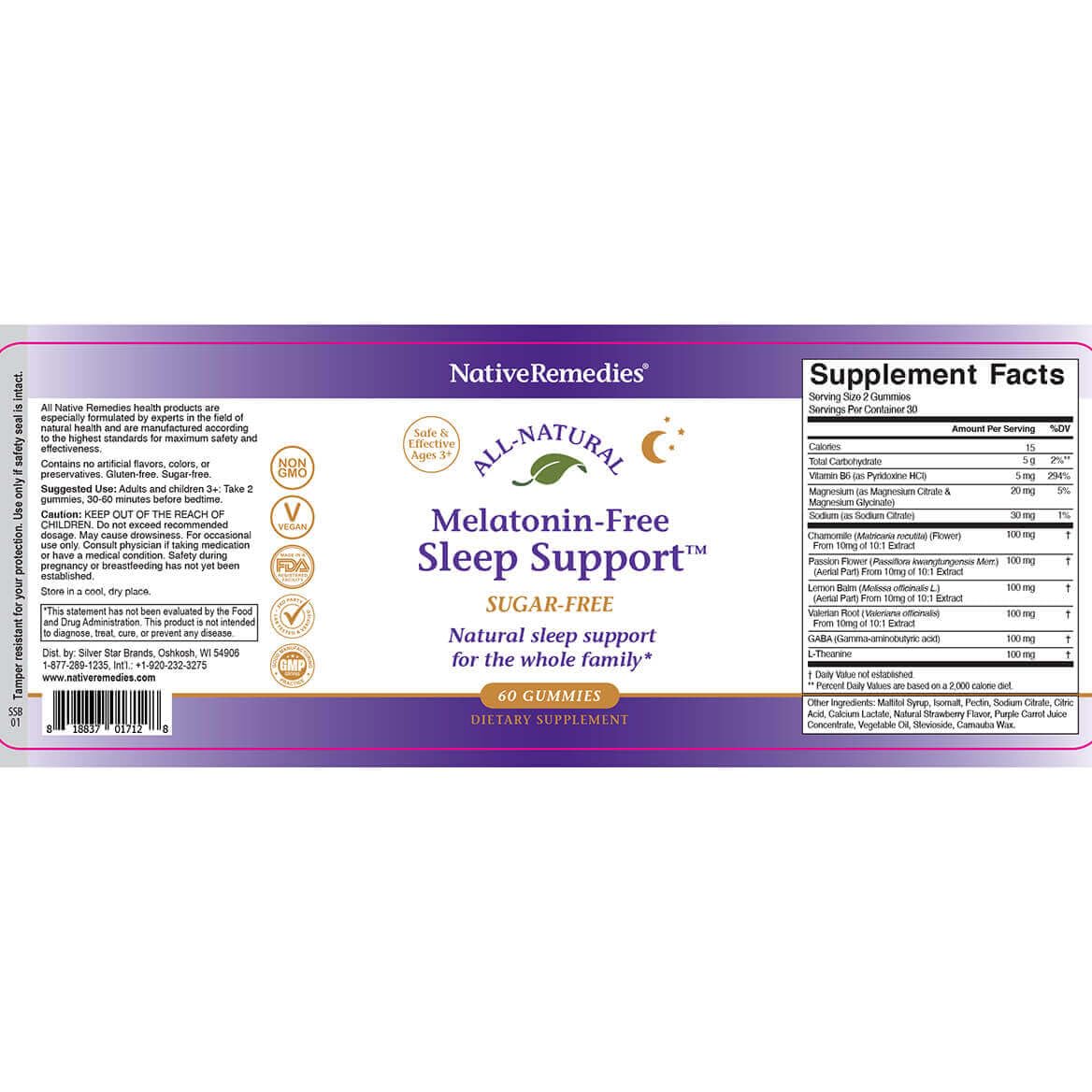 Native Remedies Melatonin-Free Sleep Gummies night-time use scene beside a glass.