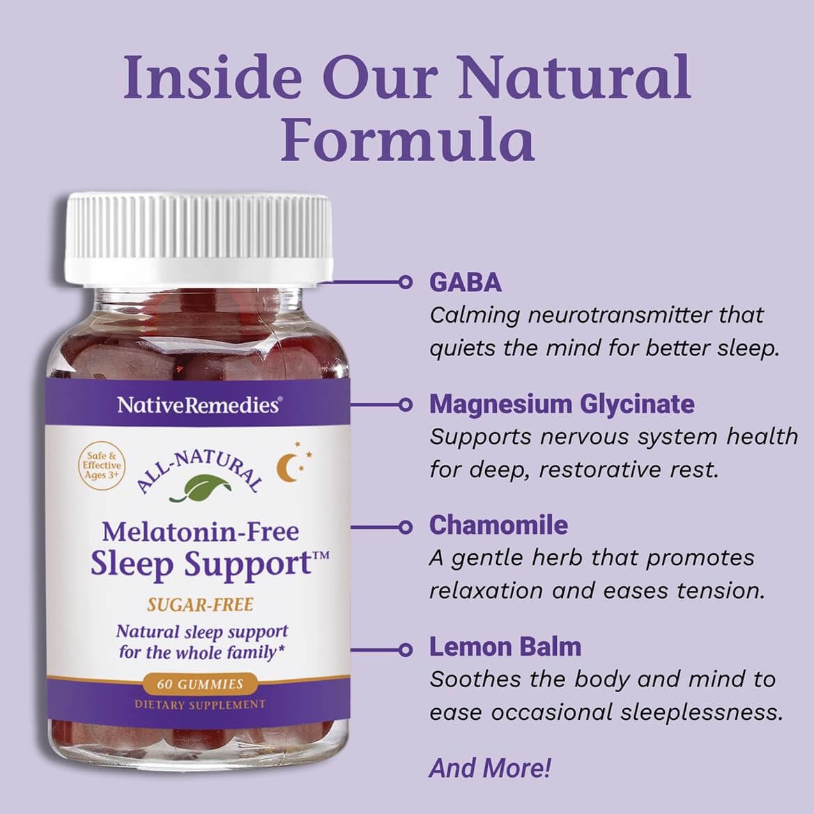 Native Remedies Melatonin-Free Sleep Gummies close-up on the label and gummies.