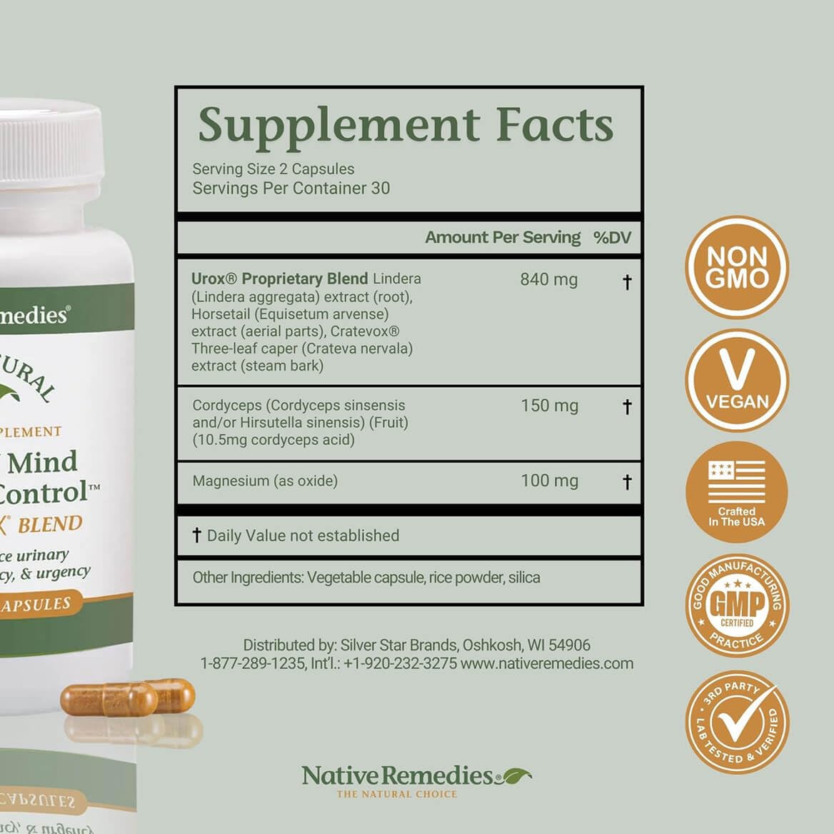 Native Remedies Urox vegan non-GMO label on bottle