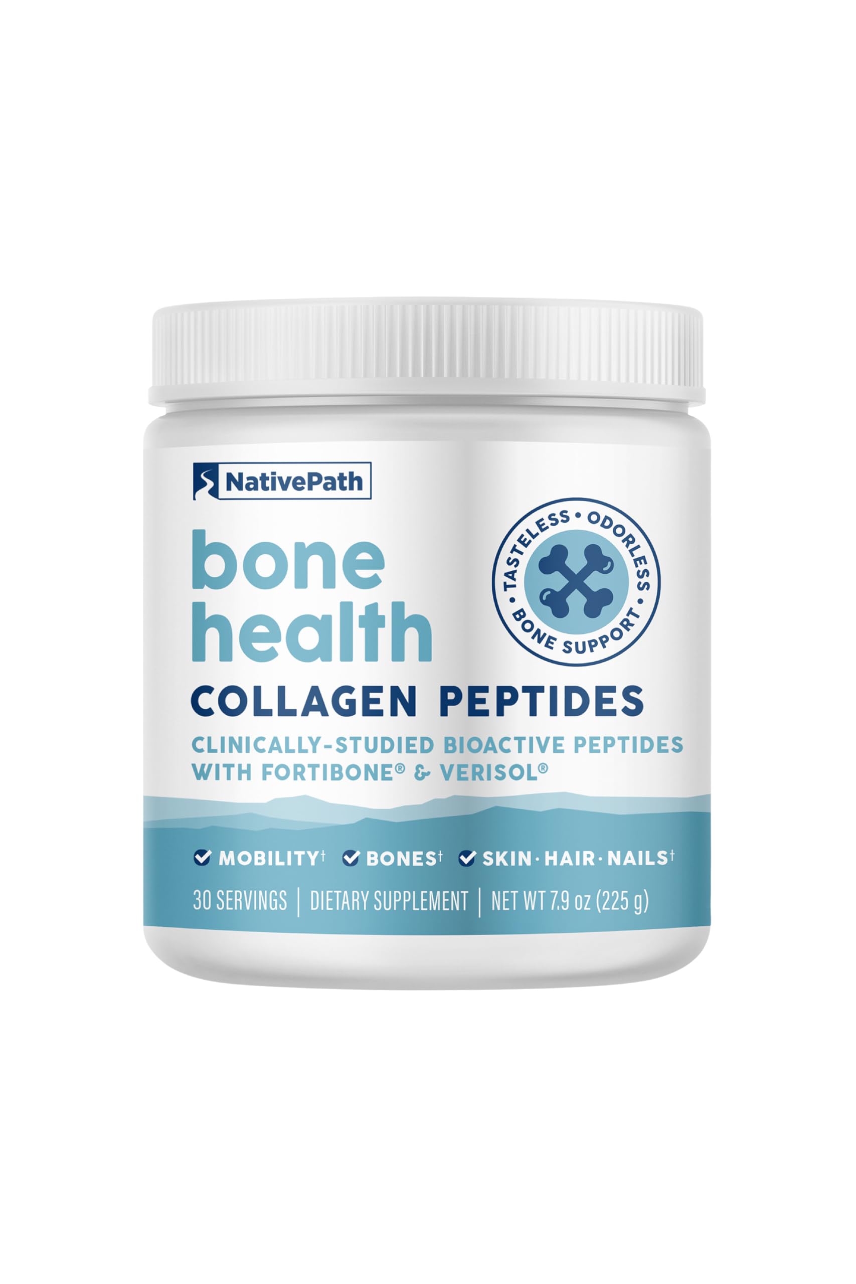 NativePath Bone Health Collagen bottle highlighting Fortibone and Verisol for bone support.