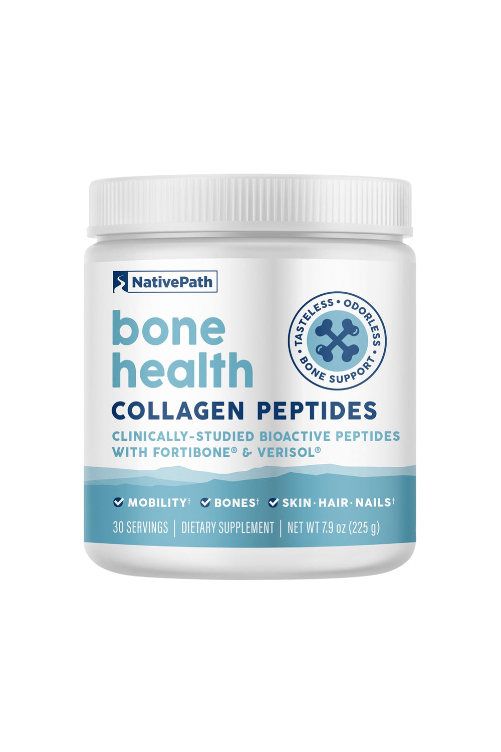 NativePath Bone Health Collagen bottle highlighting Fortibone and Verisol for bone support.