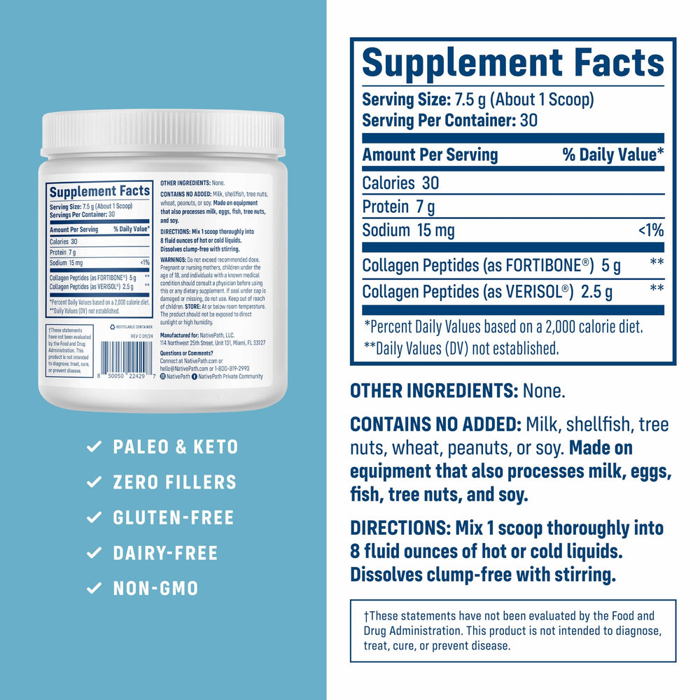 NativePath Bone Health collagen powder being stirred in a glass for a daily boost.