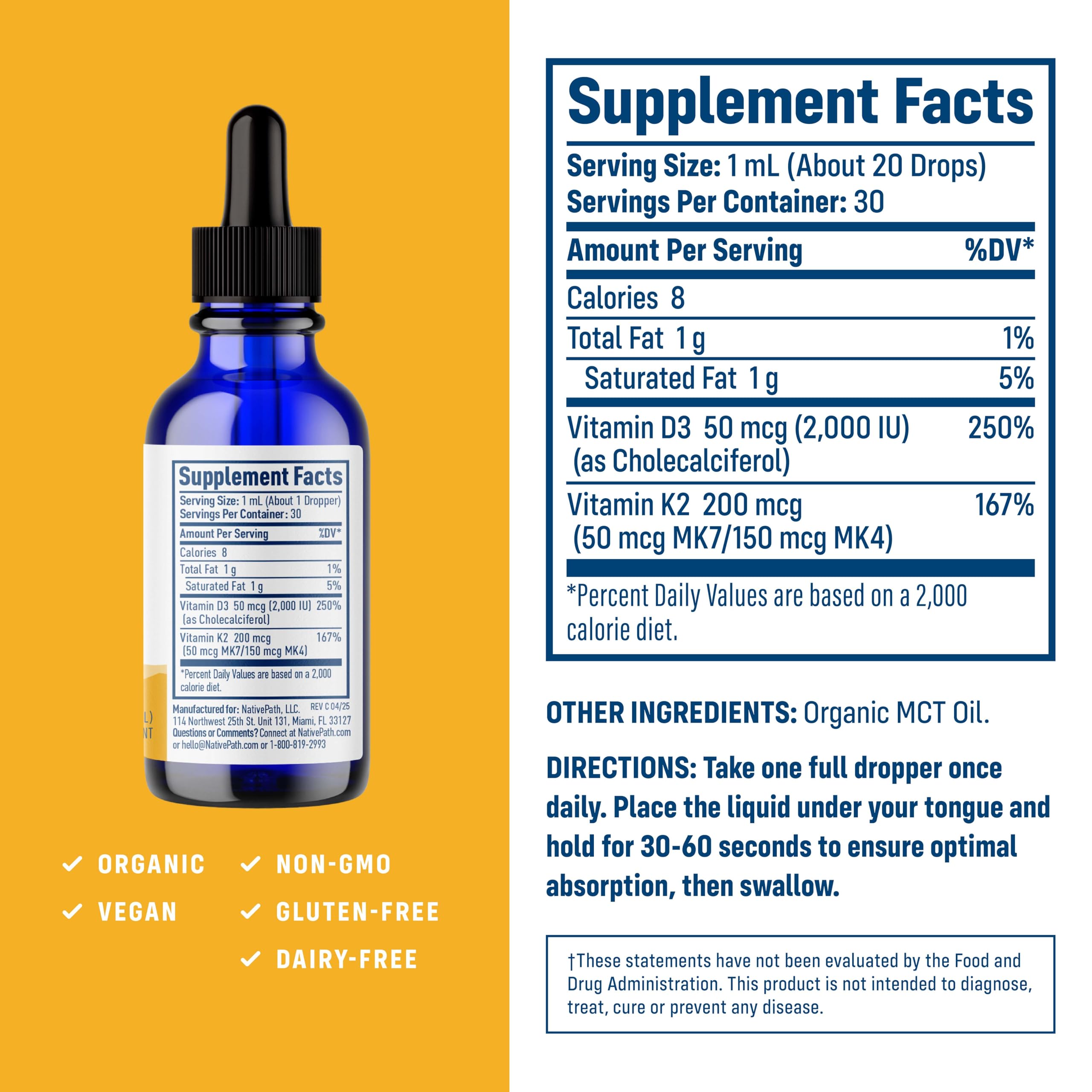 NativePath D3K2 tincture dropper showing easy, precise dosing