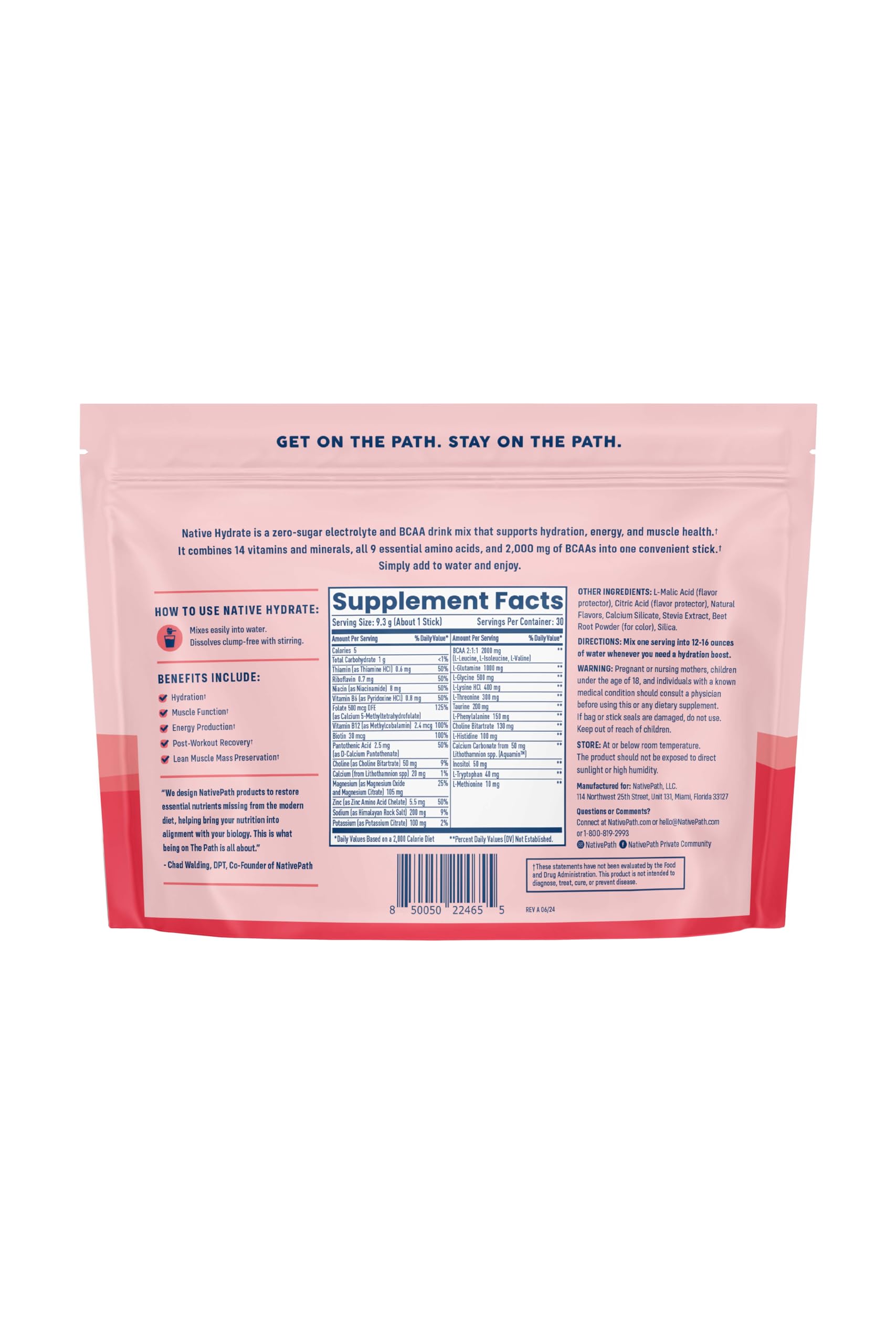 NativePath Hydrate bcaas-ingredients highlight essential amino acids for post-activity support.