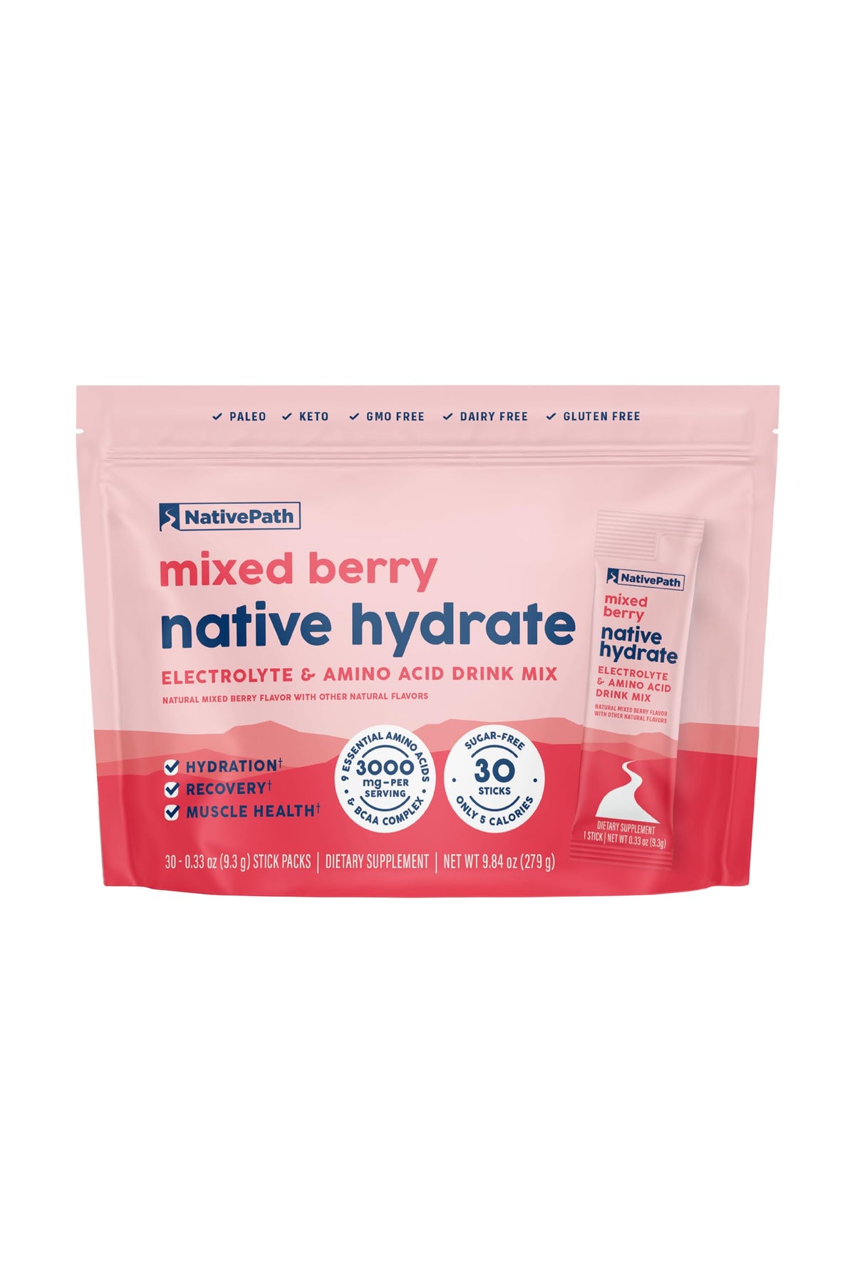 NativePath Hydrate berry stick pack for on-the-go hydration with zero sugar.