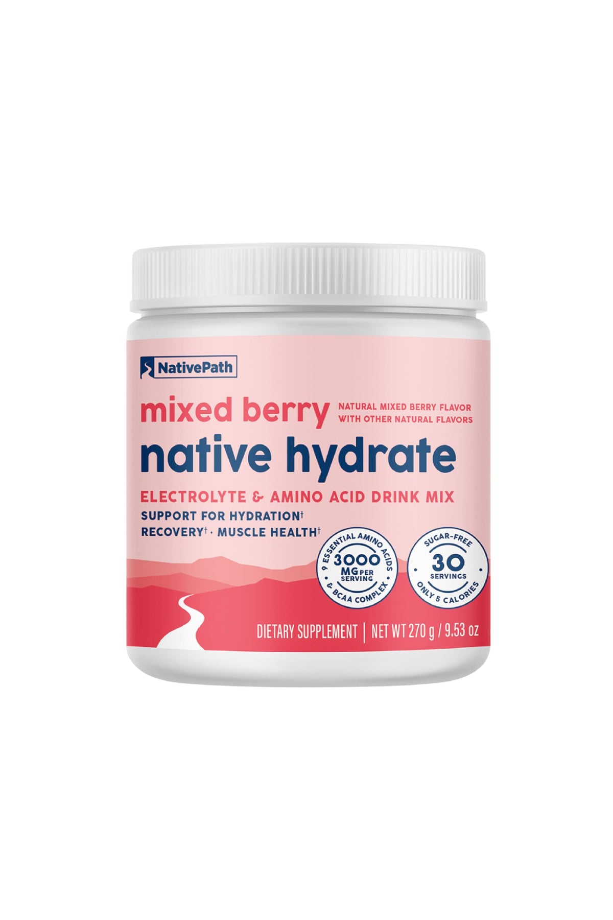NativePath Native Hydrate mixed berry tub showing zero sugar formula for refreshing hydration