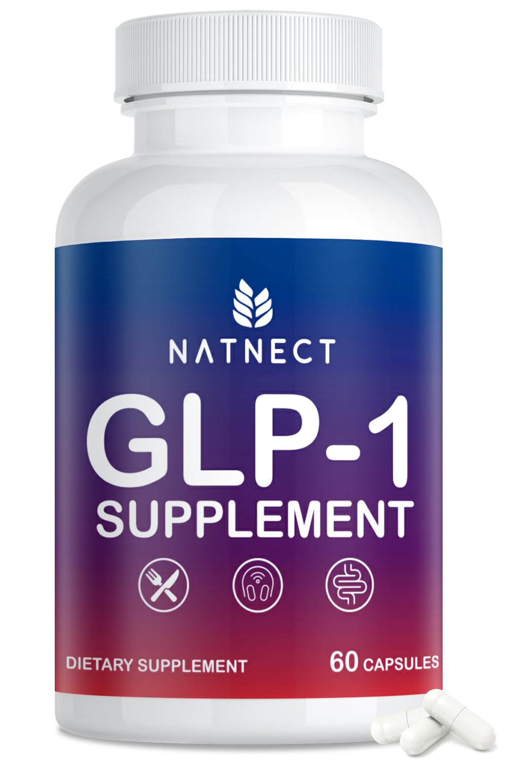 Natnect GLP-1 supplement bottle shows capsules and label for metabolism support