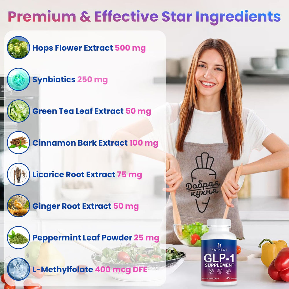 Natnect GLP-1 supplement dosage cap shows two capsules before meals