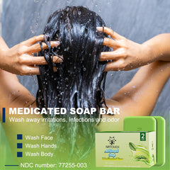 Natouch antifungal medicated soap bar in hand lather shows gentle daily cleansing with refreshing scent.