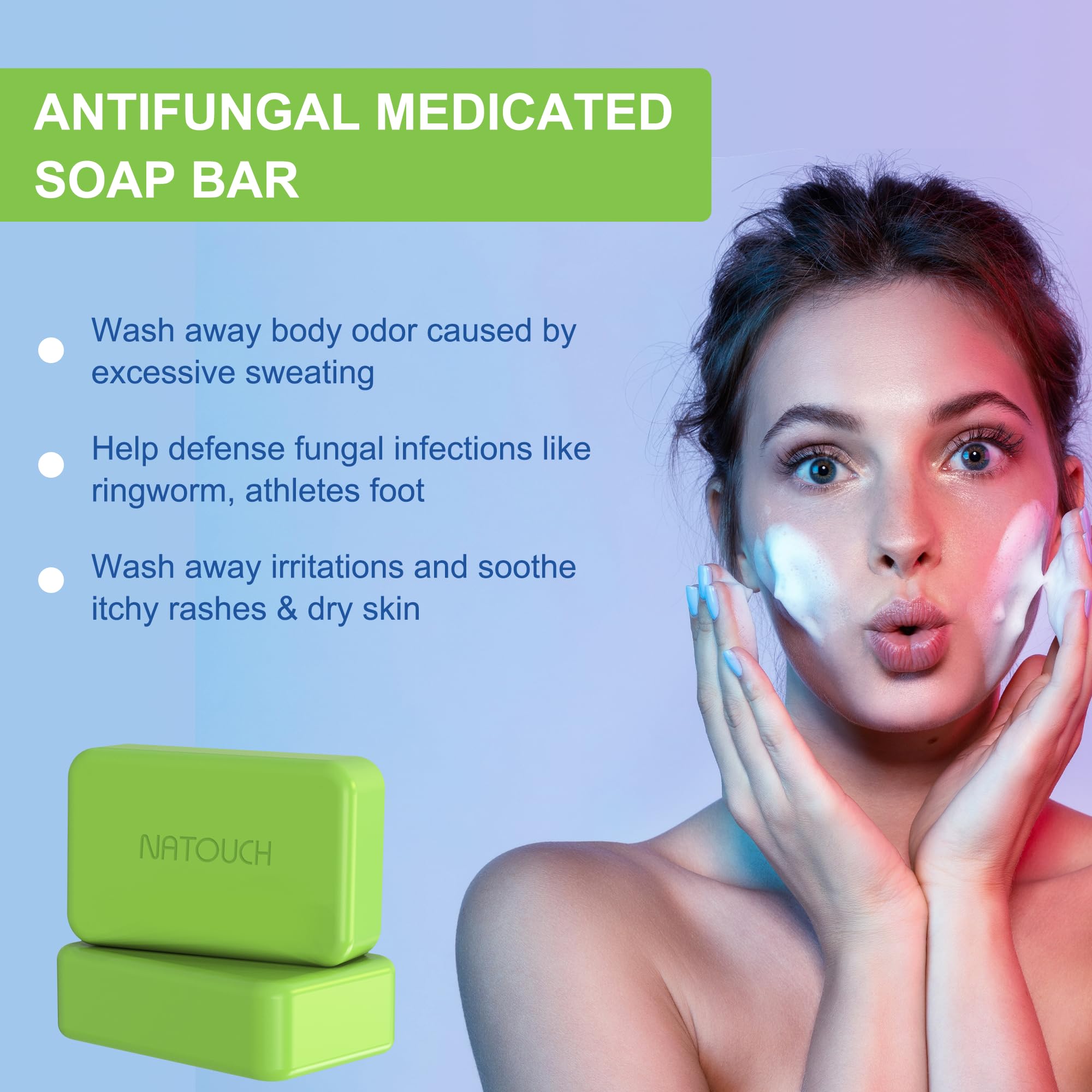 Natouch antifungal medicated soap bar natural ingredients like tea tree, eucalyptus, lavender for refreshing cleansing.