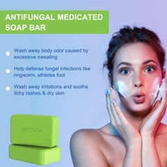 Natouch antifungal medicated soap bar natural ingredients like tea tree, eucalyptus, lavender for refreshing cleansing.