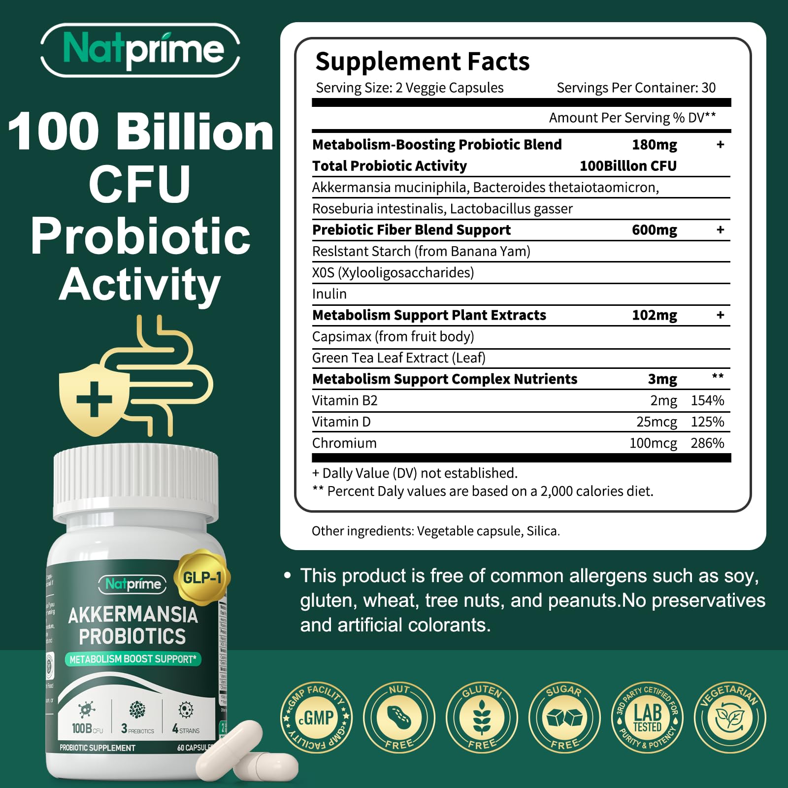 Natprime Akkermansia capsules closeup showing multi-strain probiotic for digestion