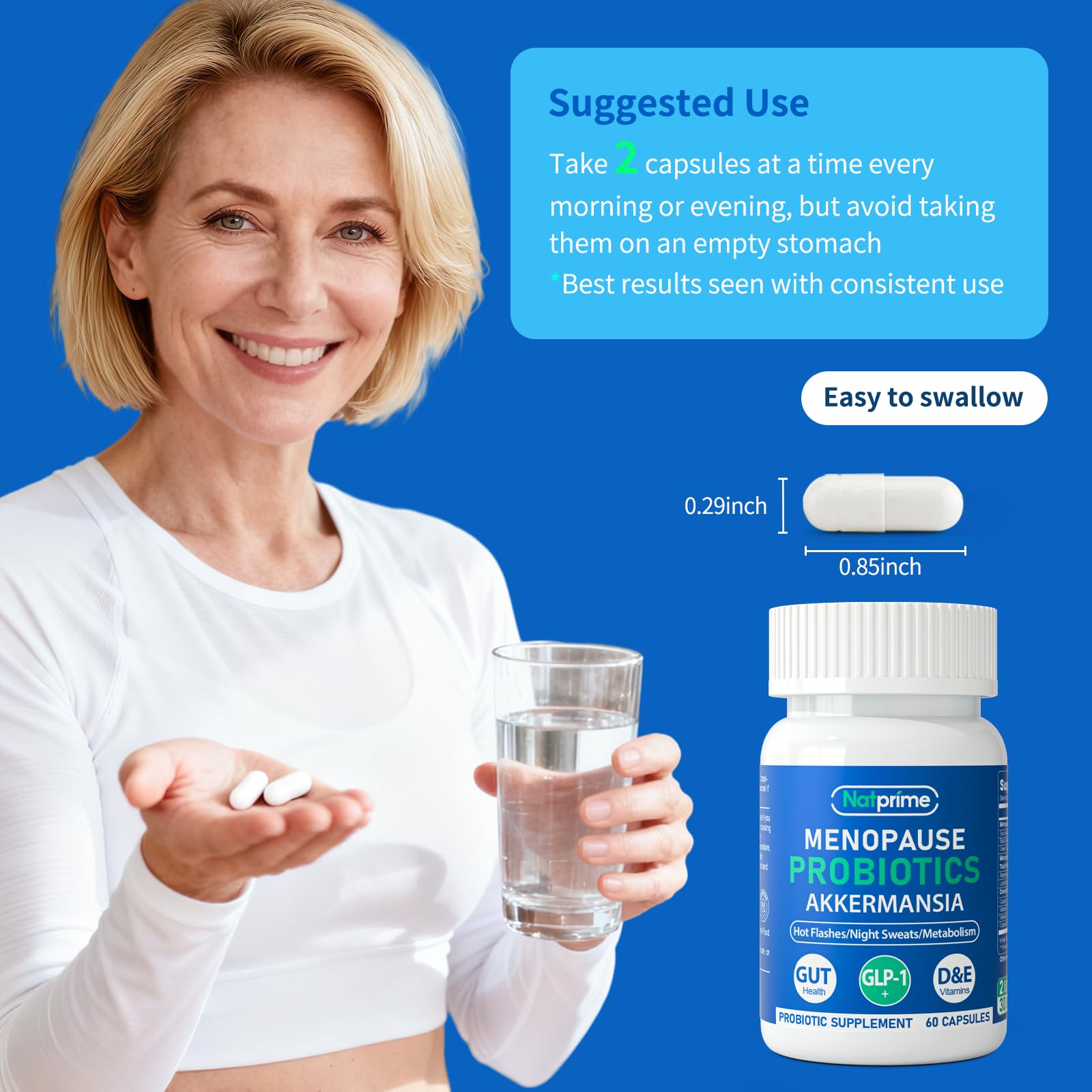 Natprime bone and skin support formula demonstrates comprehensive menopause wellness in two daily capsules.