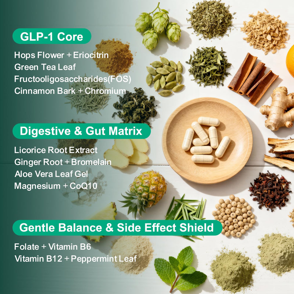 Natprime GLP-1 ingredients banner listing botanicals for digestive balance and steady energy.