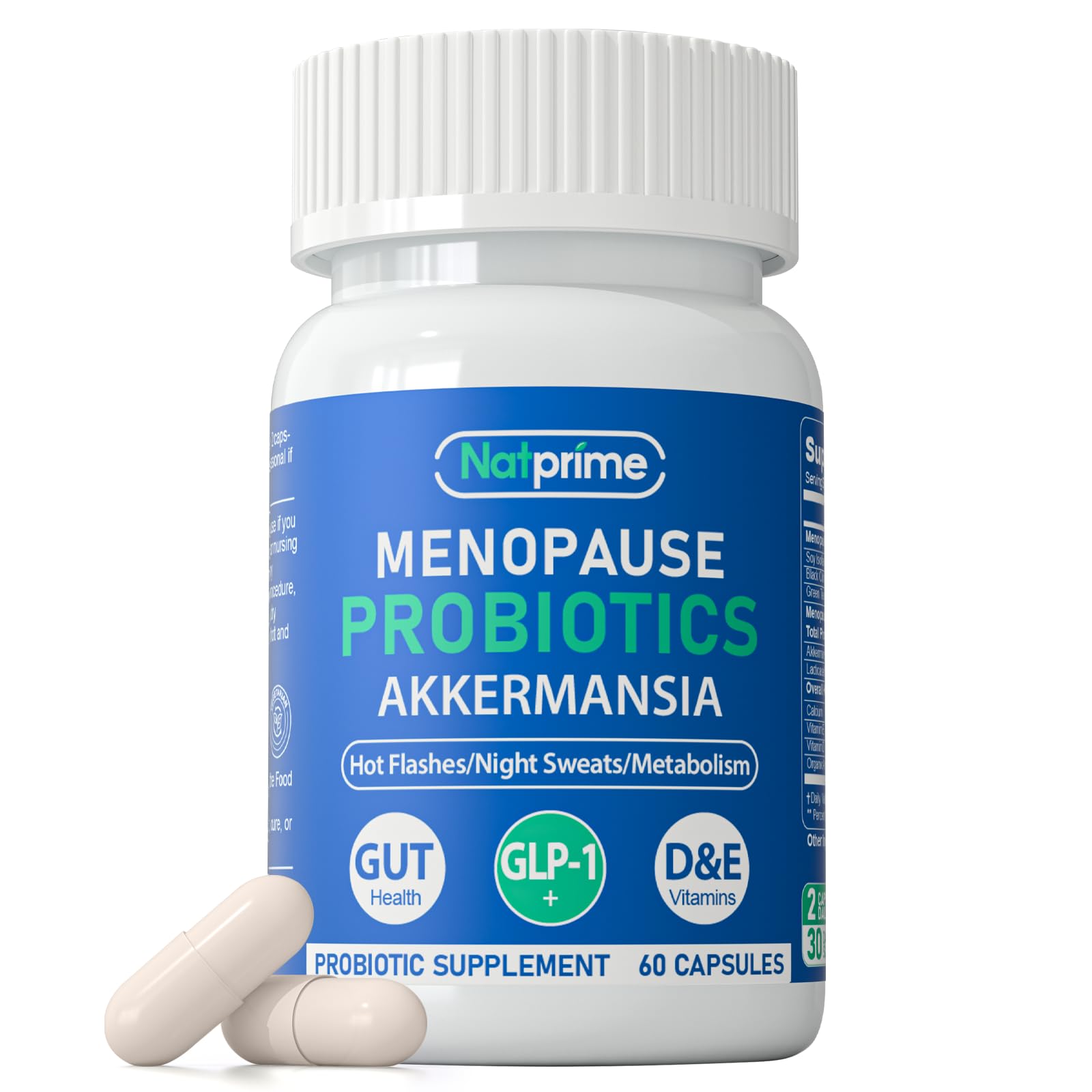 Natprime menopause bottle label shows a trusted probiotic for hormonal balance and comfort.