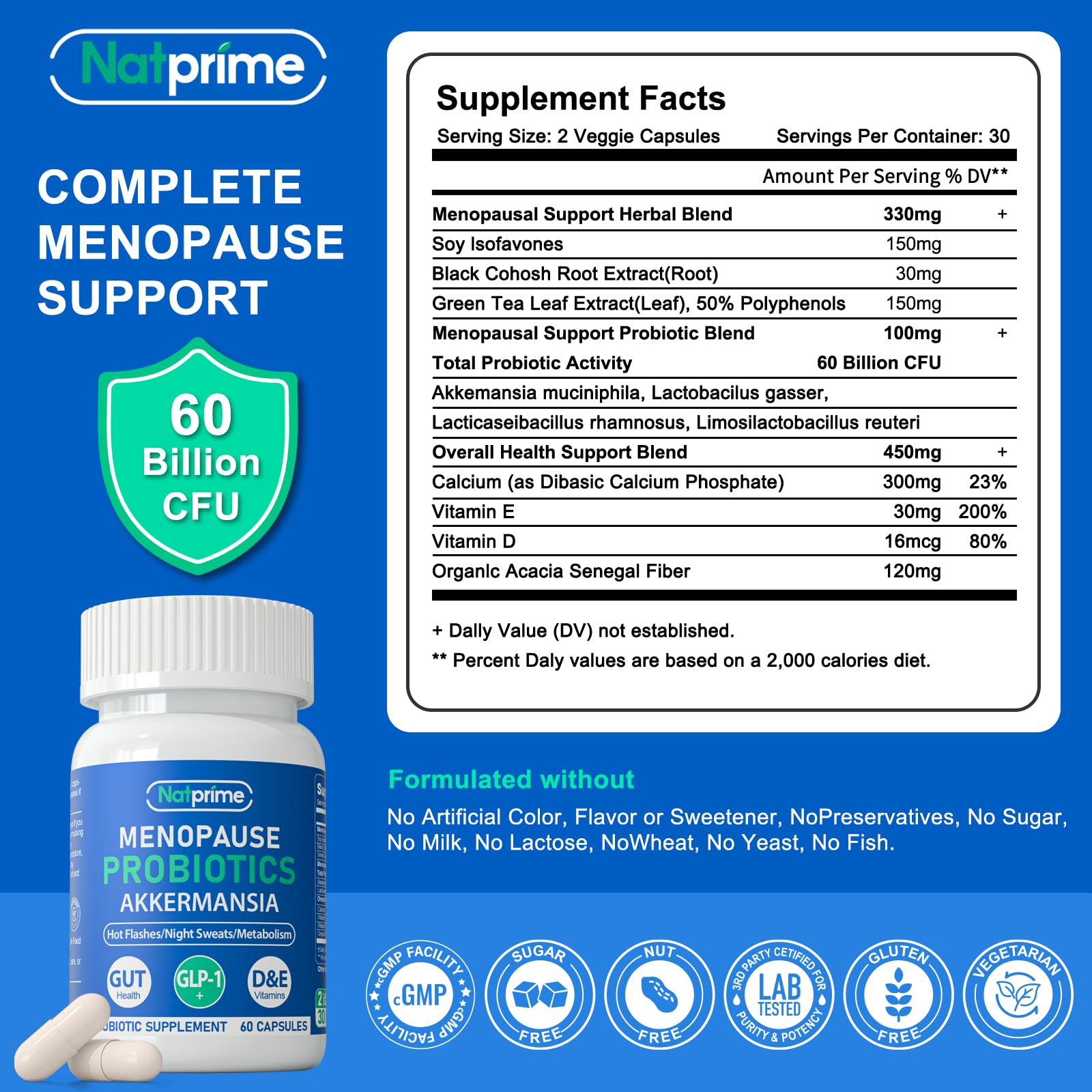 Natprime menopause capsules closeup highlights 60B CFU probiotic support for gut health.