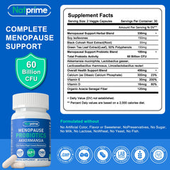 Natprime menopause capsules closeup highlights 60B CFU probiotic support for gut health.