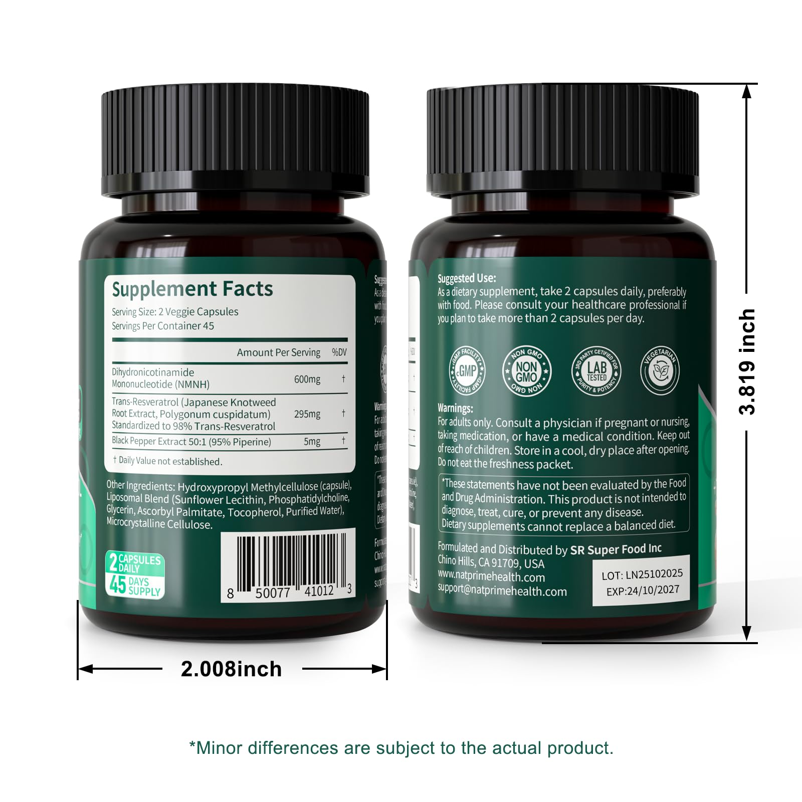 Natprime NMNH bottle with water suggests easy 2-capsule regimen.