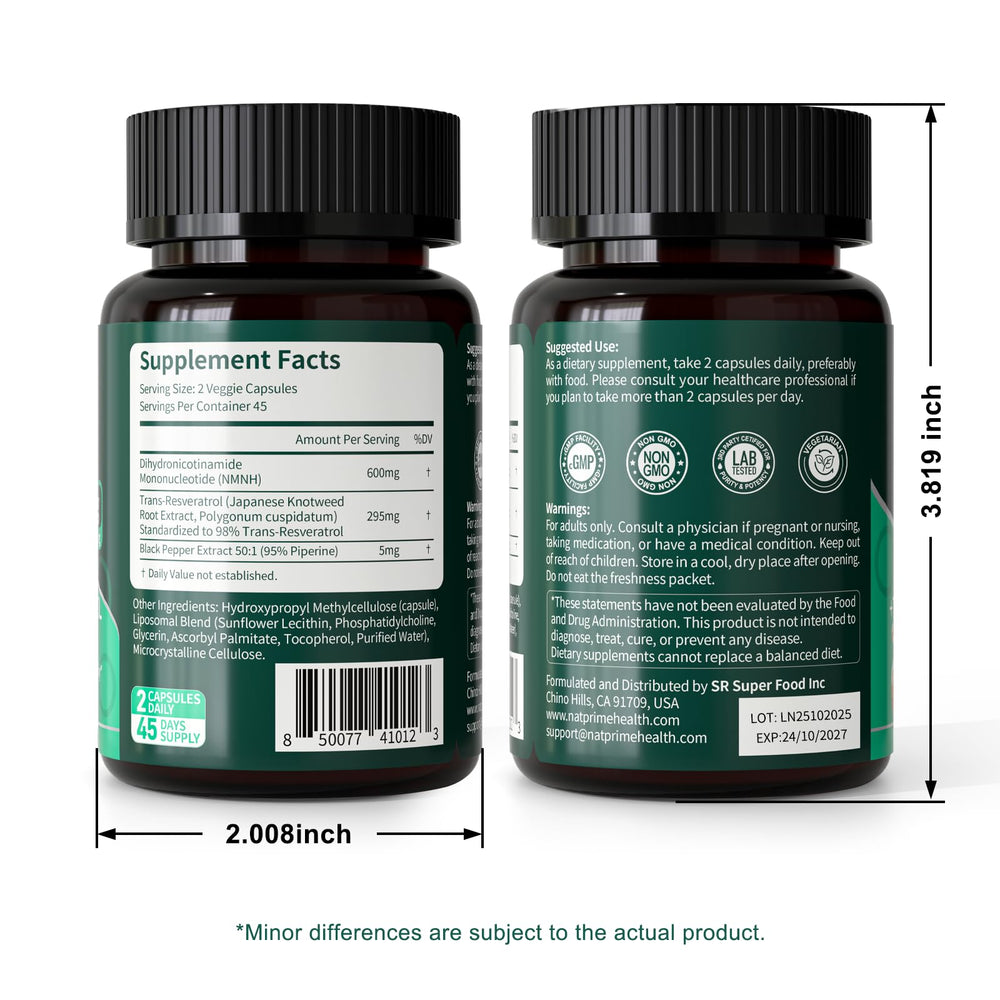 Natprime NMNH bottle with water suggests easy 2-capsule regimen.