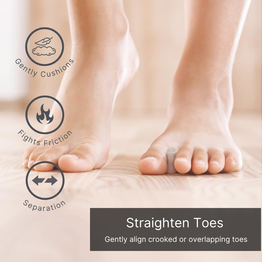Anatomical-fit toe spacers sit between toes for bunions or hammertoes