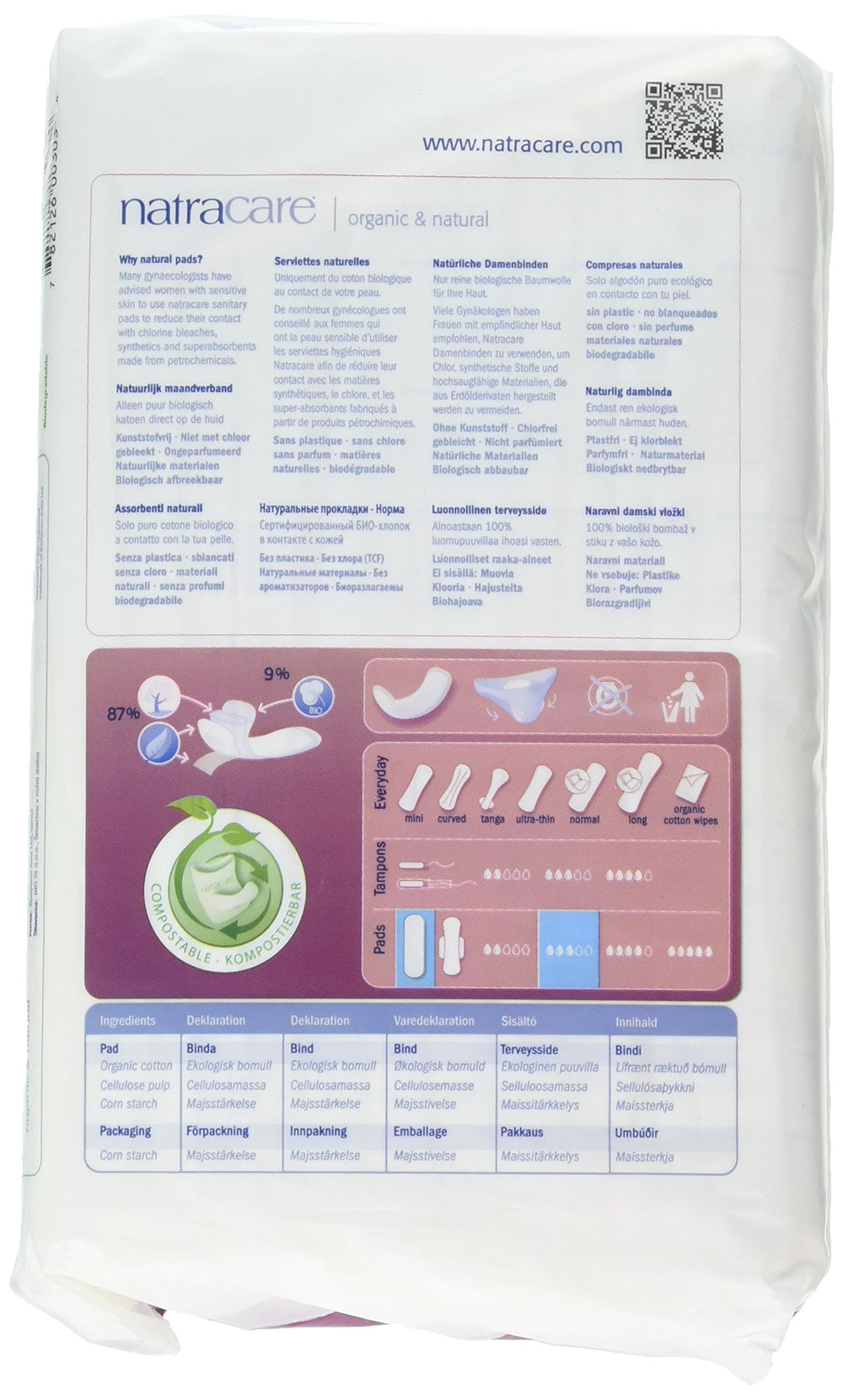 Natracare Maxi Pads Super individually wrapped in biodegradable purse packs for convenience