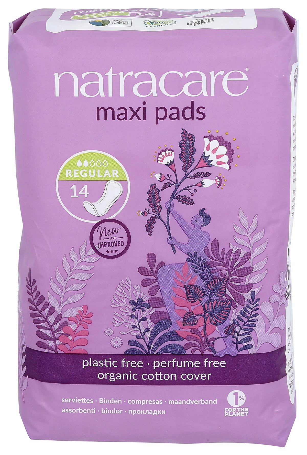 Natracare natural traditional maxi pad regular, individually wrapped for discreet use.
