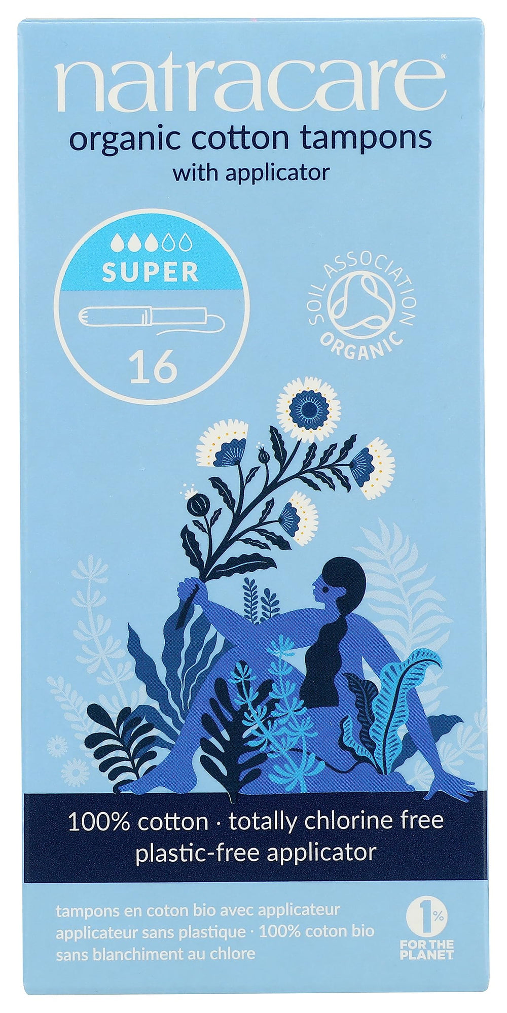 Natracare organic cotton super tampon with cardboard applicator for a plastic-free experience.
