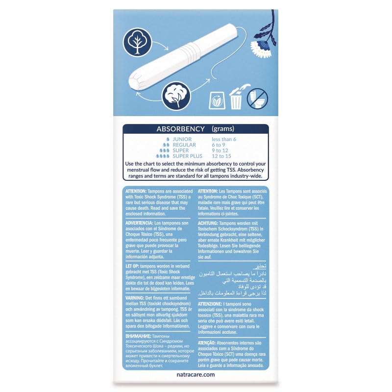 Natracare organic cotton tampon exterior with 16-count box, ideal for travel-friendly protection.